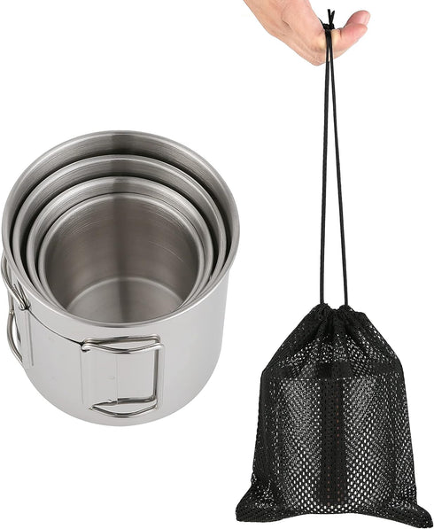 Stackable Camping Mug Stainless Steel Portable Cups with Folding Handle & Mesh Bag for Touring Trips Outdoor Camping Campfire Hiking Picnic 4 Piece Set 7.44oz, 11.16oz, 16.9oz, 22.3oz by Wulisan
