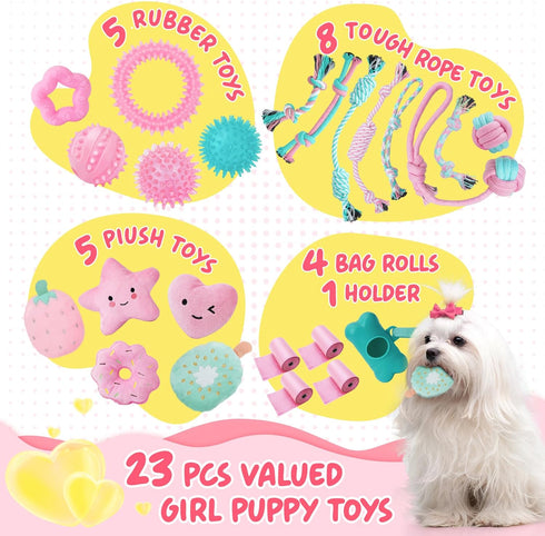 Pink Puppy Toys for Boredom - 23 Pack Chew Toys for Teething, Interactive Toys for Puppies, Cute Small Toys with Treat