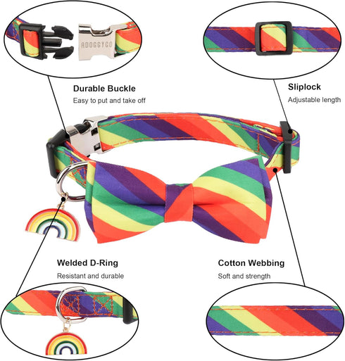 ADOGGYGO Rainbow Dog Collar with Bowtie, Adjustable Striped Bow Collar for Small Medium Large Dogs, Rainbow.