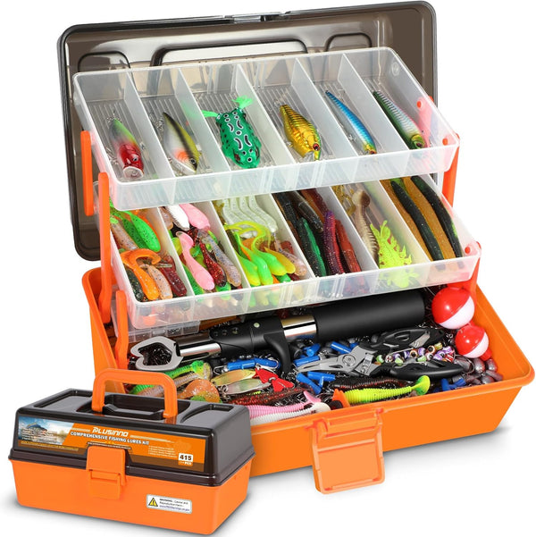 PLUSINNO Large 3 Layers Tackle Box with 415Pcs Fishing Lures Kit, Includes Pliers, Hooks, Weights & Accessories