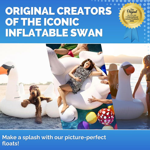 SWIMLINE 90621 Summer Swimming ORIGINAL Giant Inflatable Swan Pool Float Floatie Ride-On Lounge W/ Stable Legs Wings