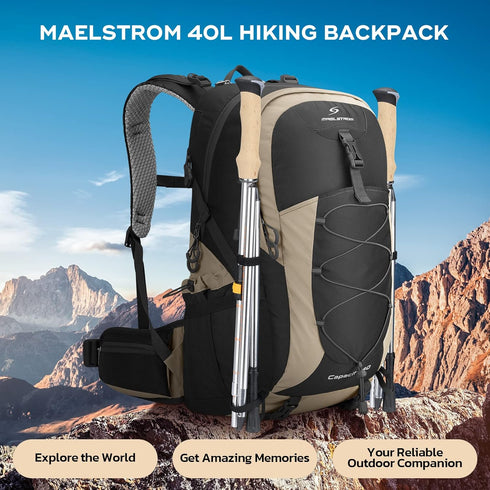 Maelstrom 40L Hiking Backpack - Waterproof Daypack with Rain Cover, Khaki