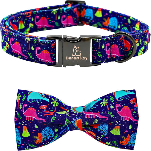 Lionheart Glory Dog Collar, Blue Bow Collar for Boy Dogs, Adjustable Dinosaur Bowtie Collar for Small Dogs Pet Gift