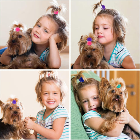 100pcs Small Pet Dog Hair Bows, Bulk Cute Dog Hair Round Puff Ball Pom Pom Bows with Rubber Bands, Mix Handmade Yorkie Dog Grooming Bows for Dog Hair Accessories