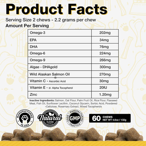 Dog Fish Oil Supplements, 60 Omega 3 Vitamins for Itching Relief, Natural Skin and Coat Supplement