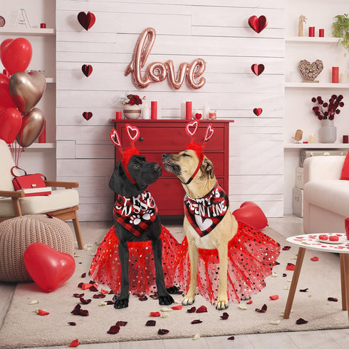 6 Pcs Valentine's Day Dog Costume Set, Including 2 Pcs Red Heart Headband, 2 Pcs Buffalo Plaid Bandana