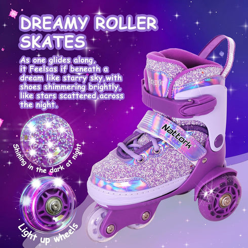4 Nattork Toddler Roller Skates for Girls, Adjustable Sizes Tri-Wheel Skates for Beginner Kids with Light-Up Wheels