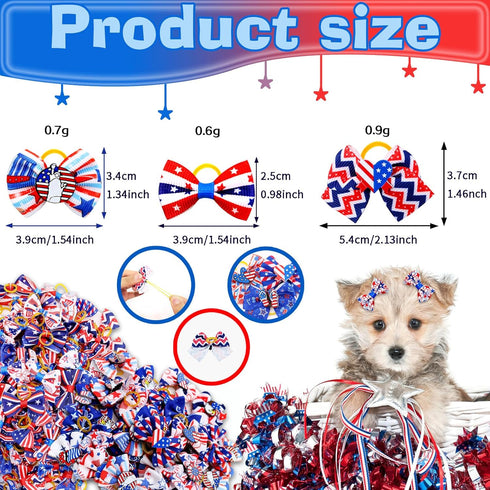 100Pcs/50Pairs Independence Day Dog Bows, Bulk 4th of July Dog Bows with Rubber Bands, Holiday American Flag Pattern Patriotic Small Dog Hair Bows, Dog Grooming Bows for Cute Pet Dog Hair Accessories