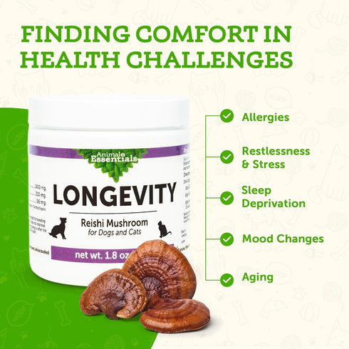 Animal Essentials Longevity Reishi Mushroom Supplement for Dogs & Cats, Antioxidant for Healthy Cardiovascular Function