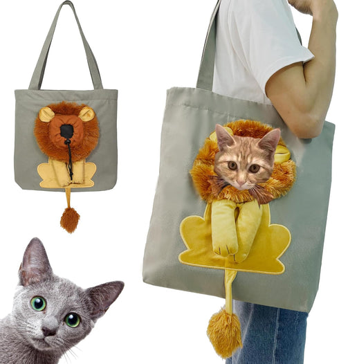 Lion-Shaped Show Head Pet Canvas Shoulder Bag, Pet Out Bag (Dark Grey-Large)