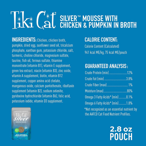 Tiki Cat Silver Mousse, Chicken & Pumpkin in Broth, Nutrient Rich for Older Cats Aged 11+, 2.9 oz. Pouch (Pack of 12)