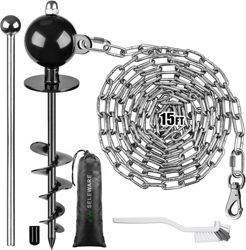 SELEWARE Outdoor Dog Tie Out Stake - Anti-Rust Anchor with Stainless Steel Chains for Large Dogs, 15 ft Long