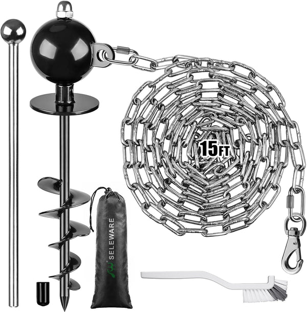 SELEWARE Outdoor Dog Tie Out Stake - Anti-Rust Anchor with Stainless Steel Chains for Large Dogs, 15 ft Long