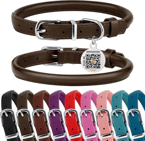 BRONZEDOG Coffee Brown Rolled Leather Dog Collar with QR ID Tag for Small Medium Large Dogs (L: 16-18 Inch)
