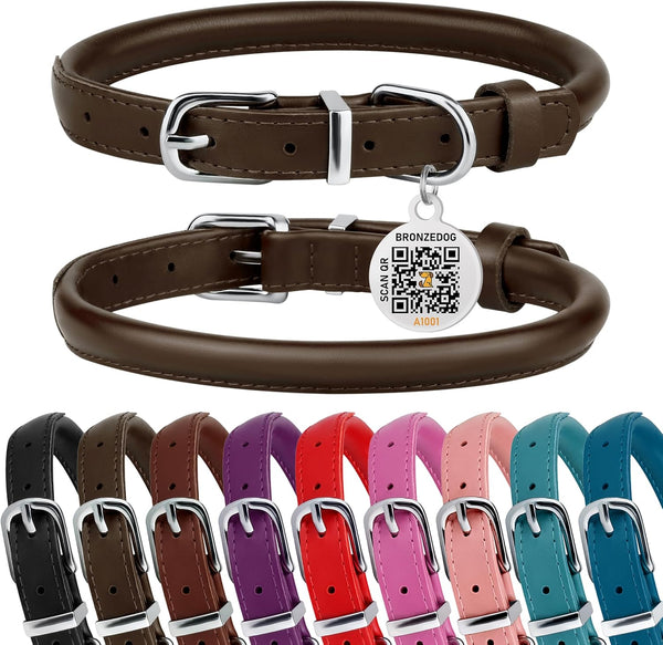 BRONZEDOG Coffee Brown Rolled Leather Dog Collar with QR ID Tag for Small Medium Large Dogs (L: 16-18 Inch)