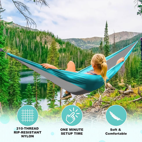SZHLUX Camping Hammock, Double & Single Portable Hammocks with 2 Tree Straps and Carry Bag, Light Grey/Sky Blue