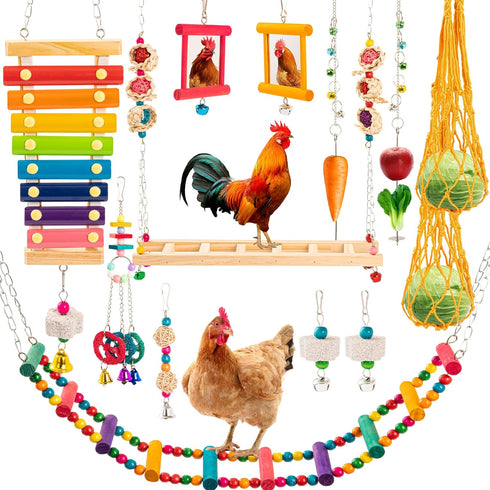14PCS Chicken Toys for Coop Accessories, Swing Bridge Ladder Mirror Xylophone Toys