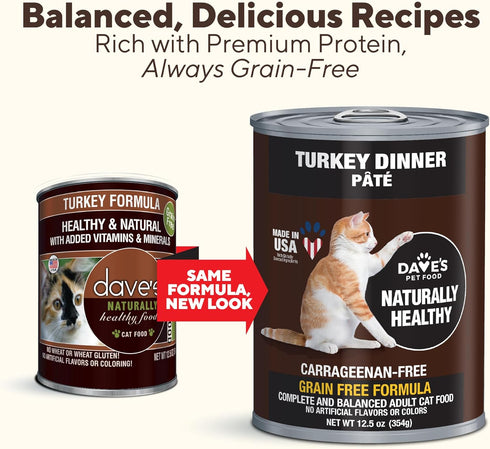Dave's Pet Food Grain Free Wet Cat Food, Turkey, 12.5 oz Cans, Case of 12, Made in USA with Added Vitamins