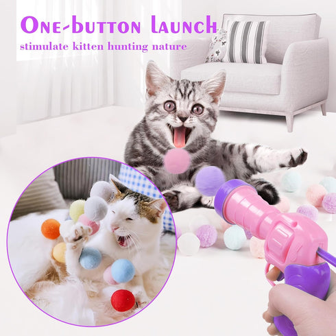 30 Mewlmart Interactive Cat Toys for Indoor Cats Pink Cat Pom Pom Balls Plush Ball Launcher Cat Fetch Toy Enrichment