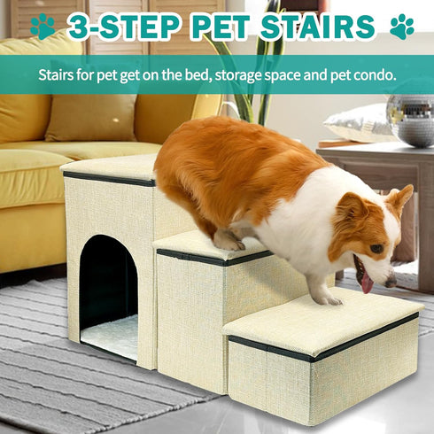 Fhiny 3-Steps Foldable Dog Stairs with Storage, Non-Slip Puppy Steps for High Bed & Couch, Khaki, Holds 160 lbs