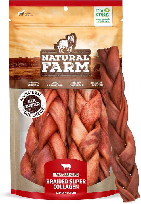 Natural Farm Odor-Free Super Braided Collagen Dog Chews (12-Inch, 5-Pack) - Real Bull Sticks Alternative, 100% Natural