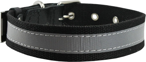 Reflective Dog Collar, Cotton Web/Leather, 18" Long, 3/4" Wide, Fits 12"-16" Neck, Poodle, Spaniel