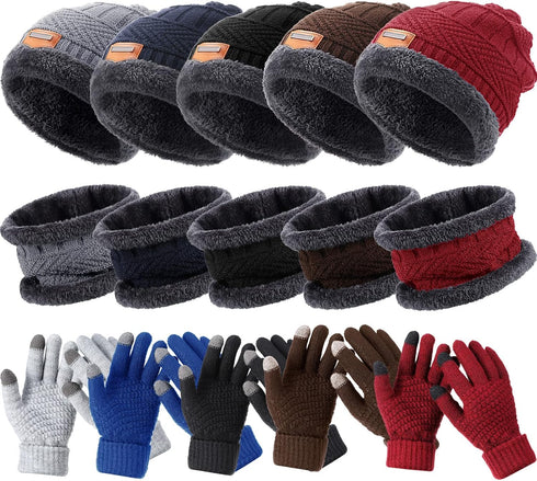 Winter Beanie Hat, Neck Warmer, Touchscreen Gloves Set, Fleece Knitted Caps, Circle Loop Scarf for Men Women