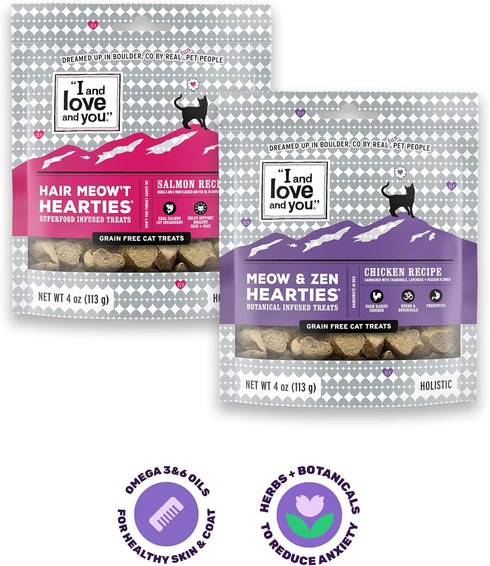 I and love and you Meow & Zen Hearties Cat Treats - Chicken, Grain Free, Omega 3 & 6, 4oz Bag
