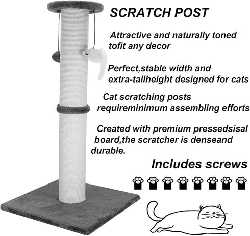 Cat Scratching Post 34 Inches, Heavy Duty Sisal Rope with Hanging Ball for Indoor Cats and Adults (Grey)