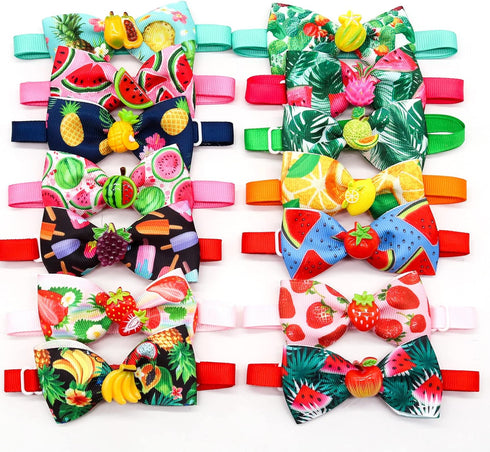 15pcs Summer Small Dog Collar with Bow Ties, Adjustable Hawaii Fruit Pattern Bow Ties for Dog Collar Accessories