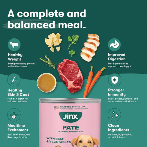 12-Pack, 13 Oz Jinx Premium Wet Dog Food Cans - Beef Pate - Grain-Free Canned Dog Food Pate & Topper with Real