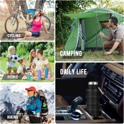 Lallisa 8 Pcs Collapsible Water Bottle - Reusable Silicone Foldable 17 oz Sports Water Bottle with Carabiner