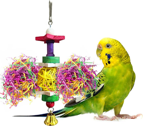 SunGrow Parakeet Toy - Brightly Colored Hanging Toy Made of Rattan, Wood, and Shredded Paper for Small Parrots
