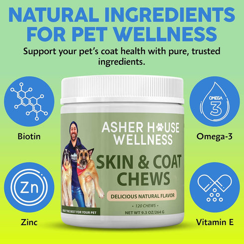3, 6, 9, 120 Asher House Wellness Skin & Coat Chews - Dog Itching Skin Relief with Omega Fish Oil, Biotin - Dogs Itchy