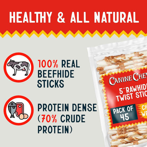 Canine Chews Chicken-Wrapped Rawhide Twists, Pack of 45, Premium Natural Beefhide Chews