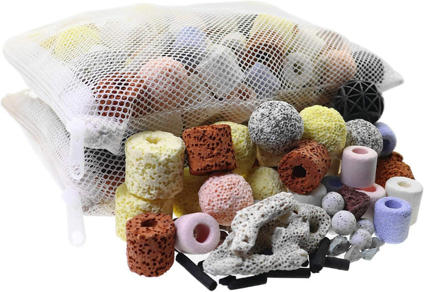 15 in 1 Aquarium Filter Media Bio Balls and Ceramic Rings, 500g Mesh Bag with Zipper for Fish Tank Pond
