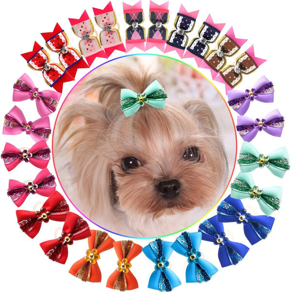 YOY 24PCS / 12 Pairs Adorable Grosgrain Ribbon Pet Dog Hair Bows with Rubber Bands - Puppy Grooming Accessories Set