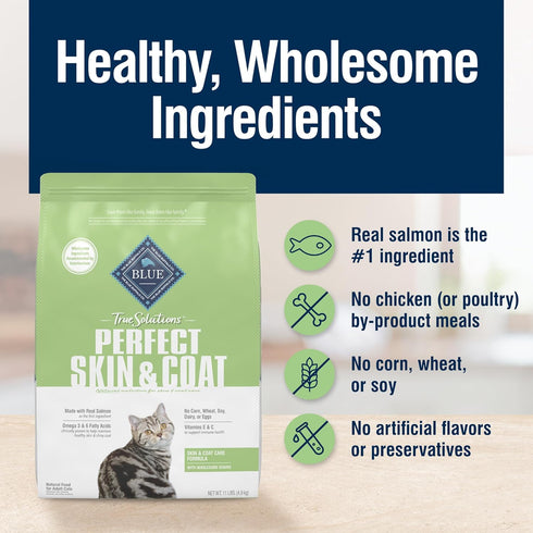 Blue Buffalo True Solutions Perfect Skin & Coat Natural Dry Food for Adult Cats, Salmon, 11-lb. Bag