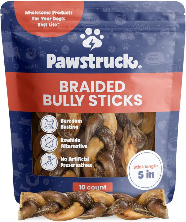 Pawstruck Natural 5” Bully Sticks for Dogs - 10 Count, Tough Long Lasting, Rawhide Free, Low Odor Chew Treat