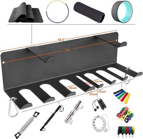 Wall Mount Resistance Bands Rack for Home Gym Equipment Storage, Jump Ropes, Yoga Mat, Foam Roller, Chains, 16.5", Black