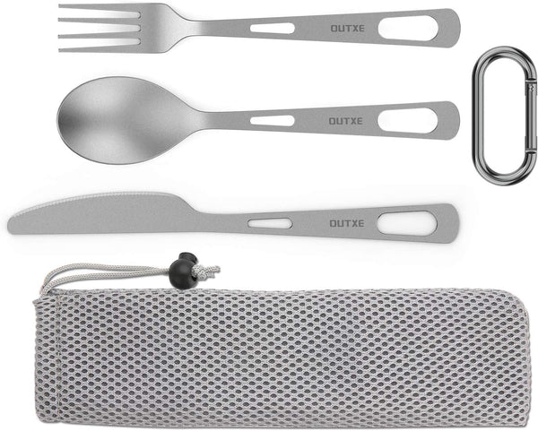 OUTXE Titanium Flatware Knife Fork Spoon Set, Lightweight Ti Camping Utility Cutlery Set with Carrying Bag for