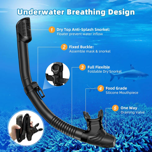 Snorkel Set for Adults, Anti-Leak and Anti-Fog Gear, Tempered Glass Lens, Dry Top Snorkel Kit with Carry Bag