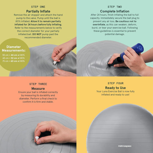 Retrospec Luna Exercise Ball with Pump - Anti-Burst Fitness Equipment for Yoga, Core Training & Stability - Home Gym