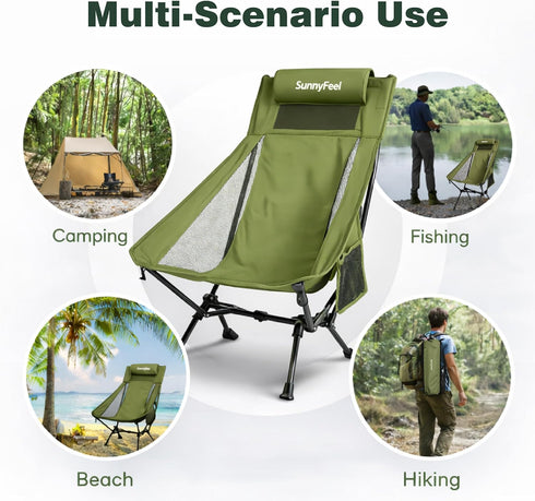 SUNNYFEEL High Back Camping Chair with Pillow, Heavy Duty Portable Folding Chair with Breathable Mesh, Sturdy Aluminum