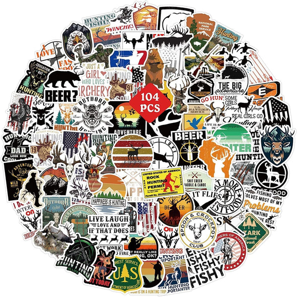 Go Hunting Stickers 104PCS, Waterproof Vinyl Decals for Outdoor Adventure, Water Bottle Labels for Boys