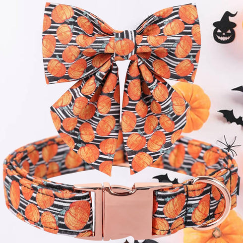 Maca Bates Halloween Pumpkin Dog Collar, Adjustable Bow Bowtie for Dogs, Cute Collars Accessories for Fall Gift
