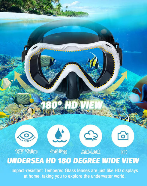 Snorkeling Gear for Adults, 180° Panoramic View Snorkel Mask Set, 100% Food-Grade Silicone Anti-Fog Diving Mask