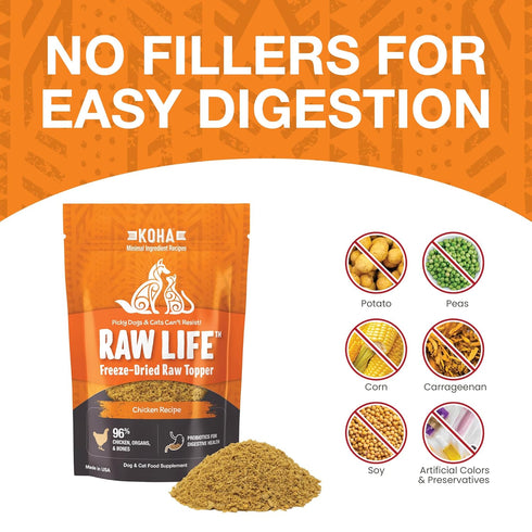 KOHA Raw Life Freeze-Dried Raw Topper Chicken: High Protein Meal Topper for Dogs and Cats, 8oz Bag for Picky Eaters