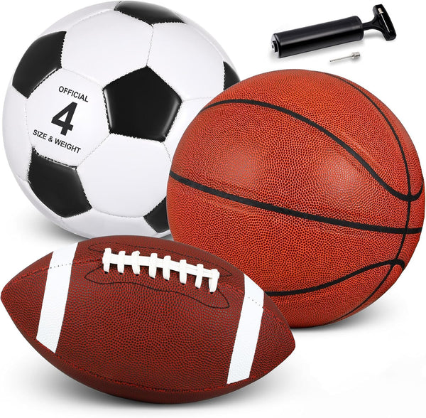 Libima 3 Pcs Soccer Sports Ball Set: Size 5 Basketball, Size 4 Soccer, Size 6 Football with Pump & Carry Bag
