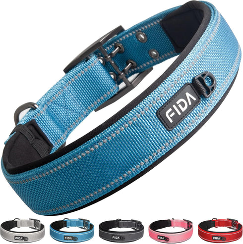 Fida Heavy Duty Dog Collar - Ultra Soft Neoprene Padded, Adjustable Reflective Nylon for Extra-Large Breeds (XL, Blue)